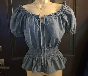 American Living Light Denim Off-Shoulder Blouse